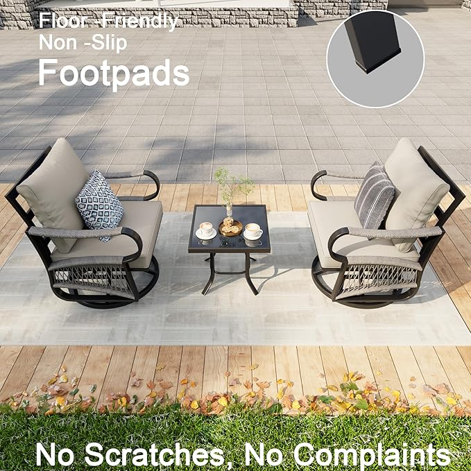 Patio Conversation Sets, 3 Pieces Outdoor Bistro Sets with 360° Swivel Gliders & Side Table, Waterproof Rocking Chairs Furniture Set for Porch Balcony Backyard, Beige
