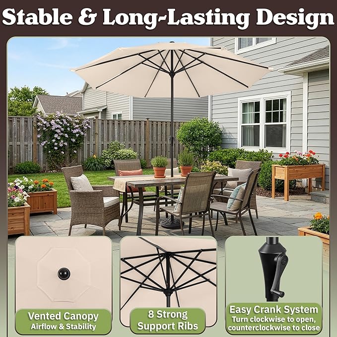 9FT Round Patio Umbrella with 19lb Weighted Base - Easy Crank, Vented Canopy Outdoor Umbrella for Shade - For Deck, Balcony, Porch, Backyard, or Pool by Pure Garden (Champagne)