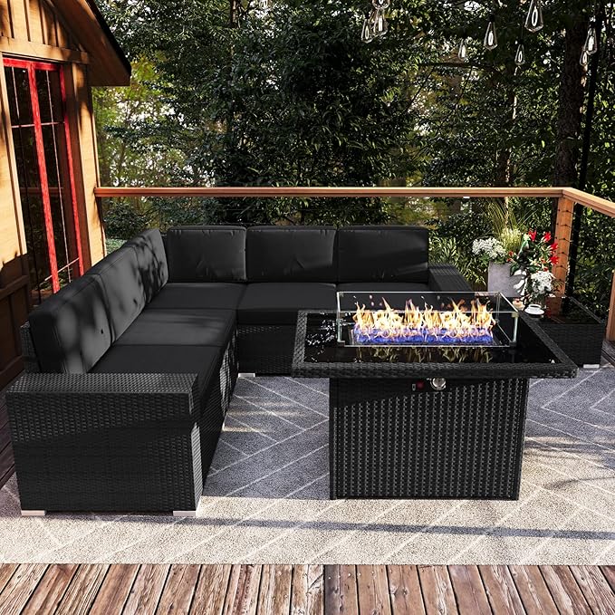 7 Pieces Patio Furniture Set with 44" Propane Gas Fire Pit Table, Outdoor Sectional Wicker Conversation Sofa Sets with Coffee Table