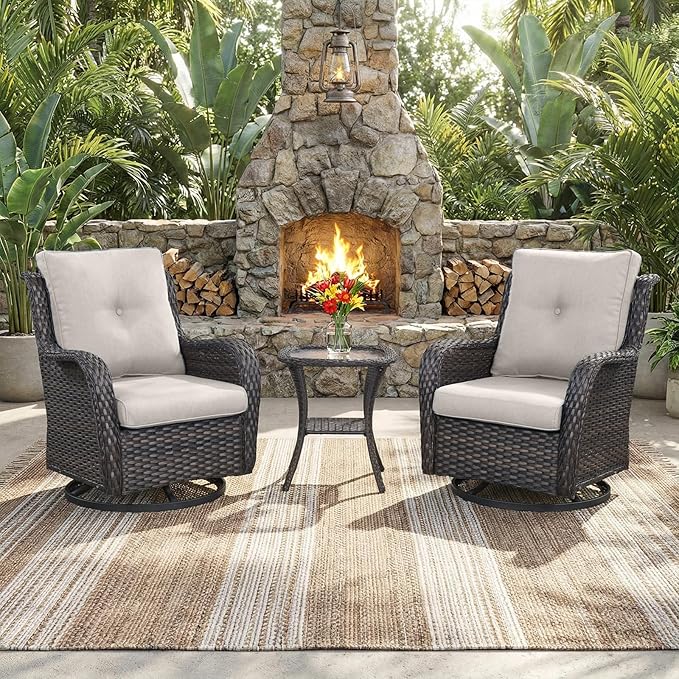Outdoor Swivel Rocker Patio Chairs with Side Table 3 Pieces PE Wicker Patio Furniture Set for Porch Deck Balcony Garden-Brown/Beige