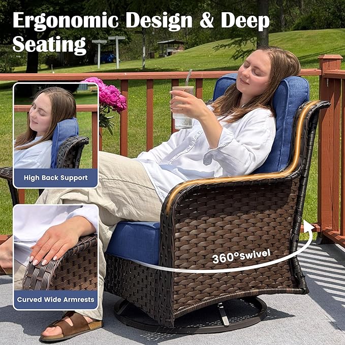 Sundale Outdoor 7 Piece Wicker Patio Furniture Set, High Back Outdoor Couch with Swivel Chairs, Ottoman & Coffee Table, 6" Thick Cushion Patio Conversation Sets with Deep Seating for Yard, Deck (Blue)