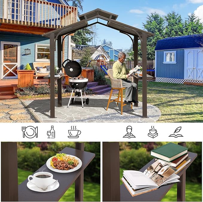 Domi Hardtop Grill Gazebo 8x5FT, Grill Canopy for Outdoor Grill w/Double Galvanized Steel Roof, 2 Side Shelves and Ceiling Hooks, BBQ Gazebo Grill Tent for Patio Garden Backyard, Brown