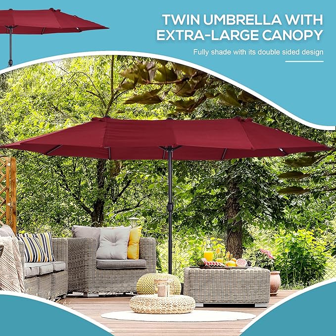 Outsunny Extra Large 15 ft Patio Umbrella, Double-Sided Wide Outdoor Umbrella with Crank Handle and Air Vents for Backyard, Deck, Pool, Market