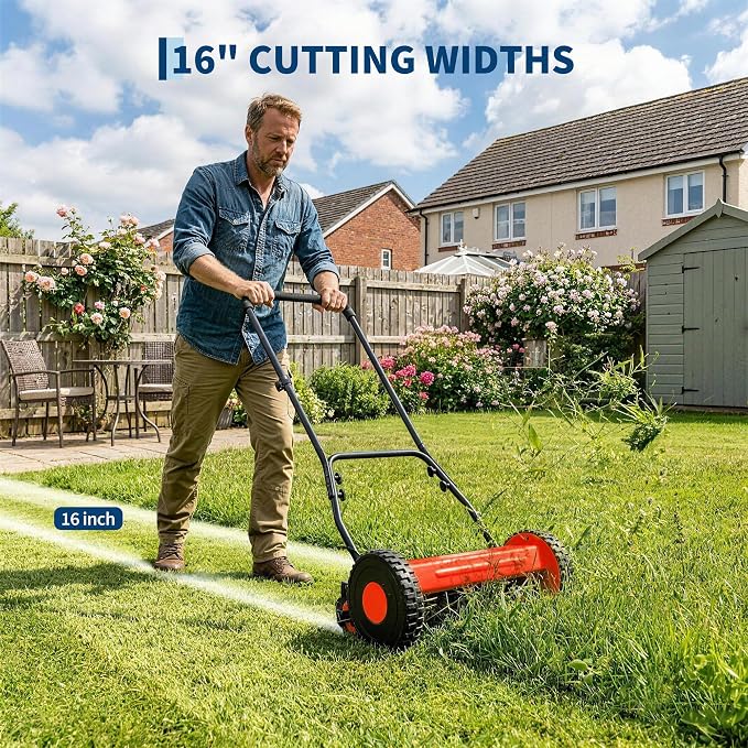 GlowSol Lightweight 5-Blade 16 inches Manual Push Reel Lawn Mower, 0.4-4in Adjustable Cutting Height, Quiet & Compact, Easy Assembly – Ideal for Small to Medium Yards – Red