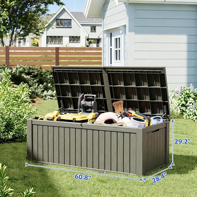 Fancyango 220 Gallon Outdoor Deck Box Waterproof, Large Storage Box for Patio, Resin Storage Bench Lockable for Garden Tools, Package Delivery, Grey