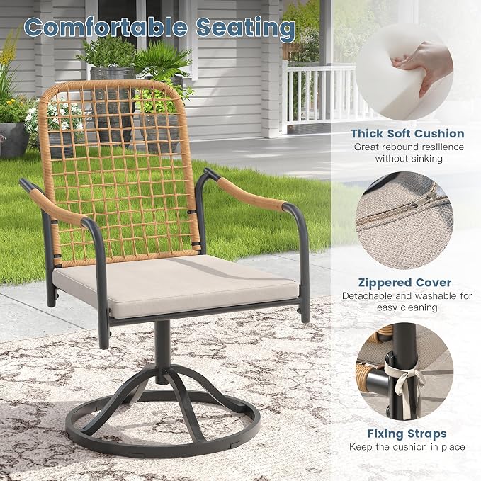 DIFY 9 Pieces Outdoor Dining Set, Metal Patio Table and Chairs Set for 8, 59.8" Round Dining Table with Umbrella Hole & Wicker Swivel Patio Chairs with Cushions, Grey Tabletop