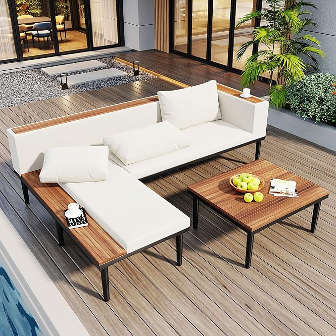 Luxury Outdoor Patio Furniture Set, L-Shaped Acacia Wood Sectional Sofa with Side Table, All-Weather Conversation Set with Removable Cushions and Coffee Table for Backyard Porch (Beige-4.20)
