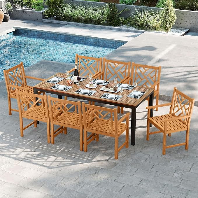 Tangkula 9 Piece Outdoor Dining Set, Outdoor Rectangular Patio Table with Umbrella Hole & Heavy-Duty Metal Frame and 8 Acacia Wood Armchairs, for Porch, Garden, Backyard, Balcony