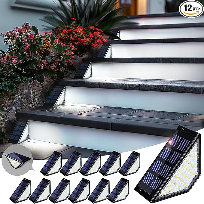 PATIOWIN 12 Pack Solar Step Lights for Outside, 24 LEDs Solar Stair Lights Waterproof IP65, Solar Deck Lights Outdoor Decor for Garden, Porch, Pathway, Patio, Fence(Cold White)