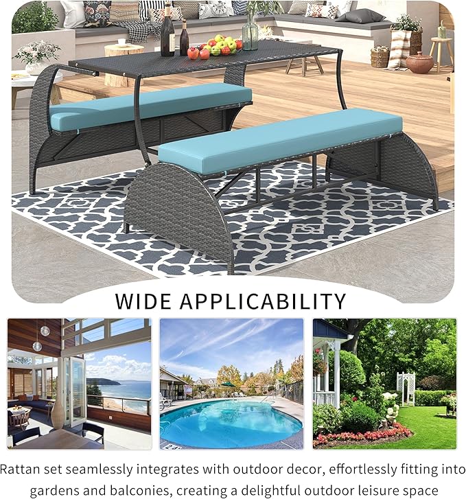Merax Outdoor Rattan Loveseat, Patio Conversation Sets, Convertible to Four Seats with Table Sofa for Backyard, Garden and Lawn, Blue