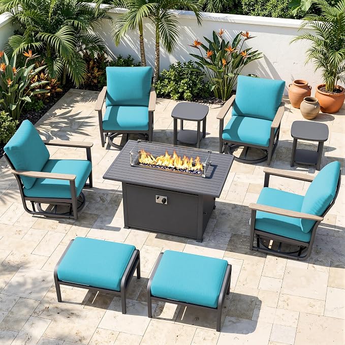 Aluminum Patio Swivel Rocking Chair Outdoor Bistro Set, 9pcs Patio Conversation Set Outdoor Patio Furniture Set with High Backrest & Thickened Cushions for Garden, Deck and Balcony, Turquoise