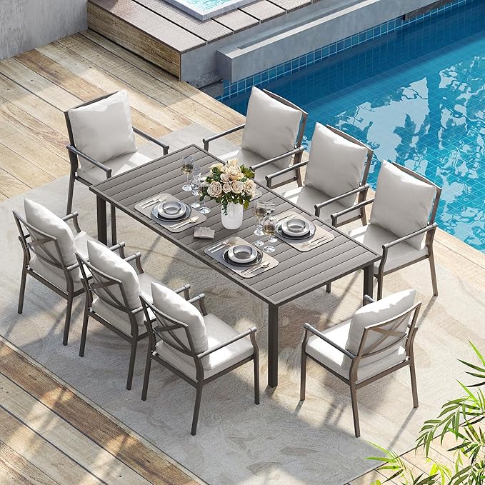 HAPPATIO Patio Dining Set, Metal Outdoor Table and Chairs Set for 8, Powder-Coated Steel Chairs with Thick Cushions, 80" Rectangular Table with 1.9" Umbrella Hole for Deck Backyard Lawn