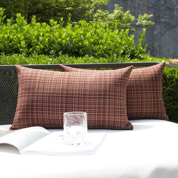 Kevin Textile Outdoor Waterproof 12"x20" Lumbar Pillow Covers 2 Pack Coffee | Water Resistant, Faux Linen Yarn-dyed, Woven Texture Throw Pillow Covers for Tent Patio Garden Couch Sofa