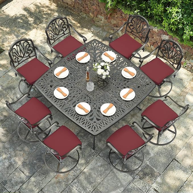 VIVIJASON 9-Piece Outdoor Furniture Dining Set for 8, All-Weather Cast Aluminum Patio Table and Chairs Set with 8 Swivel Rocker Chairs, 64" Large Square Dining Table with 2.2" Umbrella Hole, Red