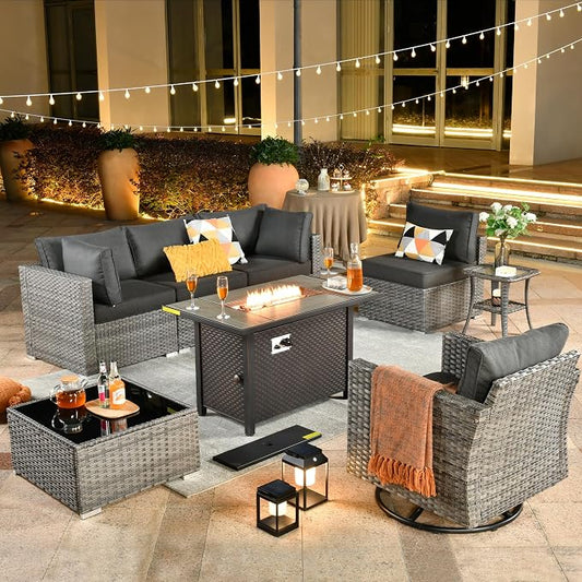 Weaxty 8 Piece Outdoor Sectional with Fire Pit Table, All Weather Wicker Patio Furniture Set with Swivel Rocker Chair Coffee Table, Thick Cushion Couch Conversation Sets for Garden Deck Backyard Black
