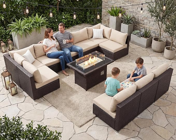 BULEXYARD 11 Piece High Back Wicker Patio Furniture Sets with Fire Pit, Luxury Plus Size Outdoor Seating Set, Comfortable Extra Wide Deep 10-Seater Sectional Couch Sofa for Outside, Brown & Beige