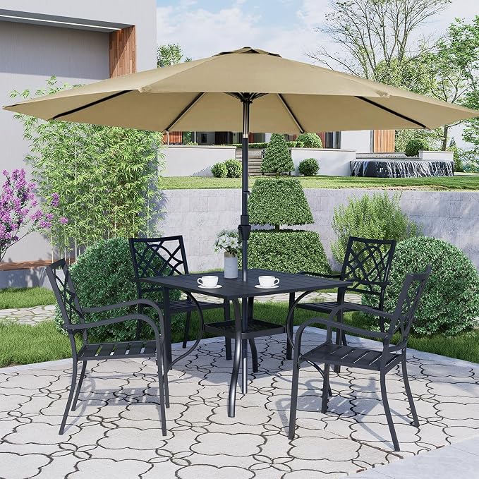Oakcloud 5-Piece Patio Dining Set with Brown Umbrella, Outdoor Metal Furniture Dining Table Set, 4 Stackable Patio Dining Chairs and Square Dining Table with Umbrella Hole