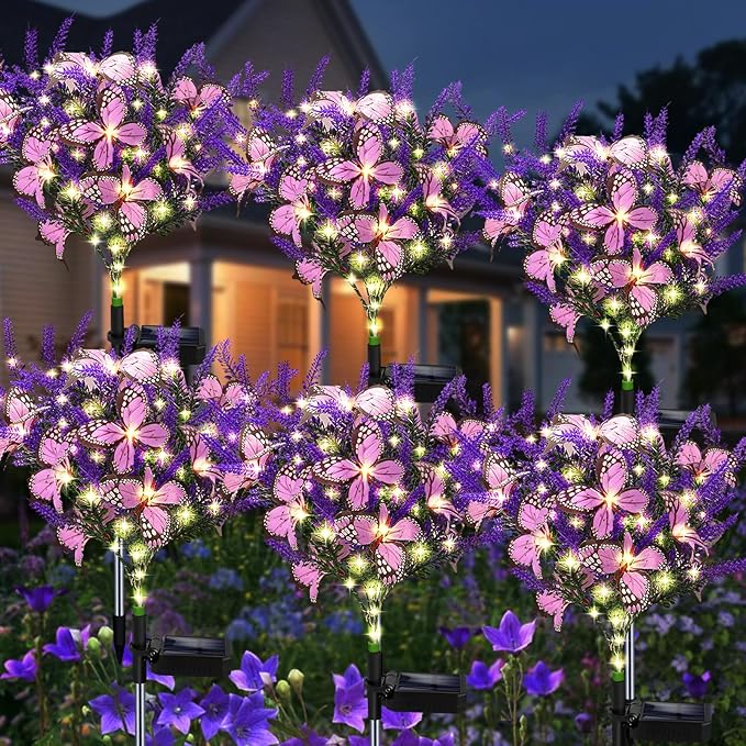 Kohlrabi Solar Garden Lights Outdoor, 6 Pack Solar Butterfly Lights Purple Lavender Gardening Gifts for Women, Artificial Flower with Butterfly Purple Garden Decor for Lawn Patio-Warm White