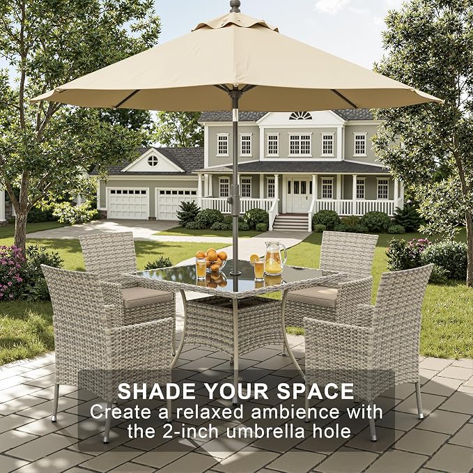5-Piece Patio Dining Set, Patio Furniture Set with Square Tempered Glass Table & 4 Wicker Chairs, Expandable Design for Larger Groups, Outdoor Furniture for Backyard, Deck, Garden, Beige
