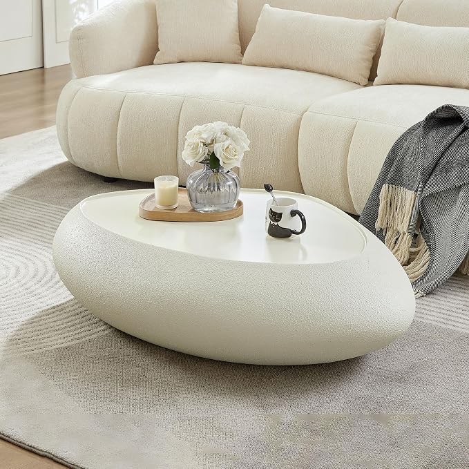 47" Modern Coffee Table Faux Stone Coffee Table Unique Rock Center Tables Round Edge Design Accent Tables for Living Room Office Apartment No Assembly,Fiberglass, Cream White