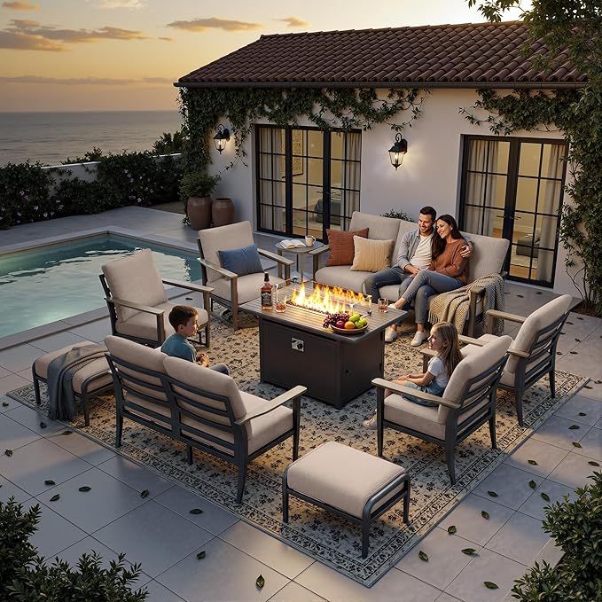 11-Seat Outdoor Patio Furniture Set with Rocking Swivel Chair, Aluminum Sectional Sofa with Ottomans Patio Conversation Set with 55,000 BTU Fire Pit Table & High Backrest, Sand