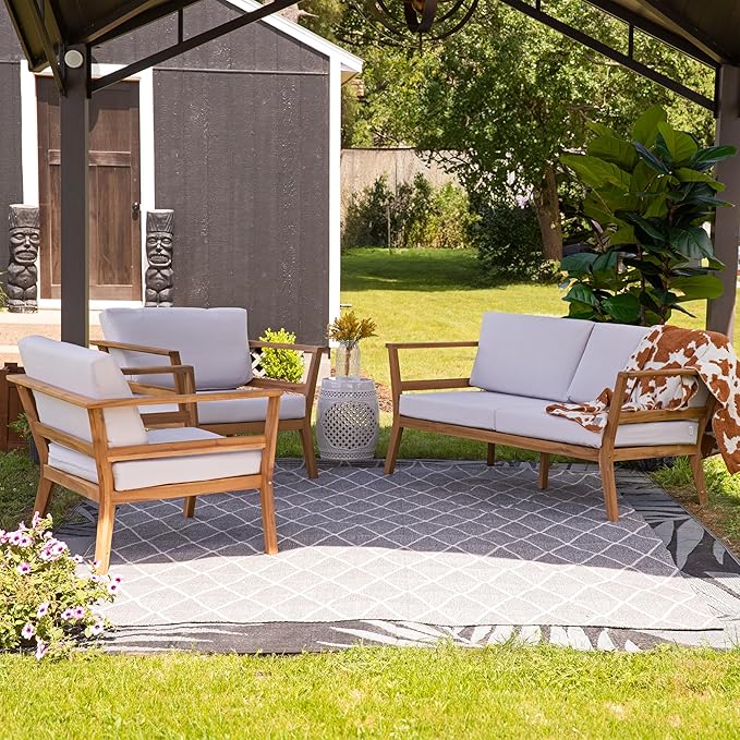Sunnydaze 3-Piece Outdoor Patio Furniture Set - Bodie Acacia Wood Patio Conversation Set - Outdoor Seating with Cushions - Bone White