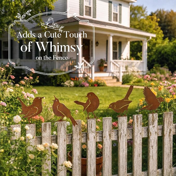 RELBRO Rusty Birds Silhouettes Outdoor Decoration, Metal Fence Art, 5 Pcs | 5 Lifelike Bird Silhouettes, Rustic Finish, Vintage Garden Yard Decor for Fence Gate Window Tree Topper