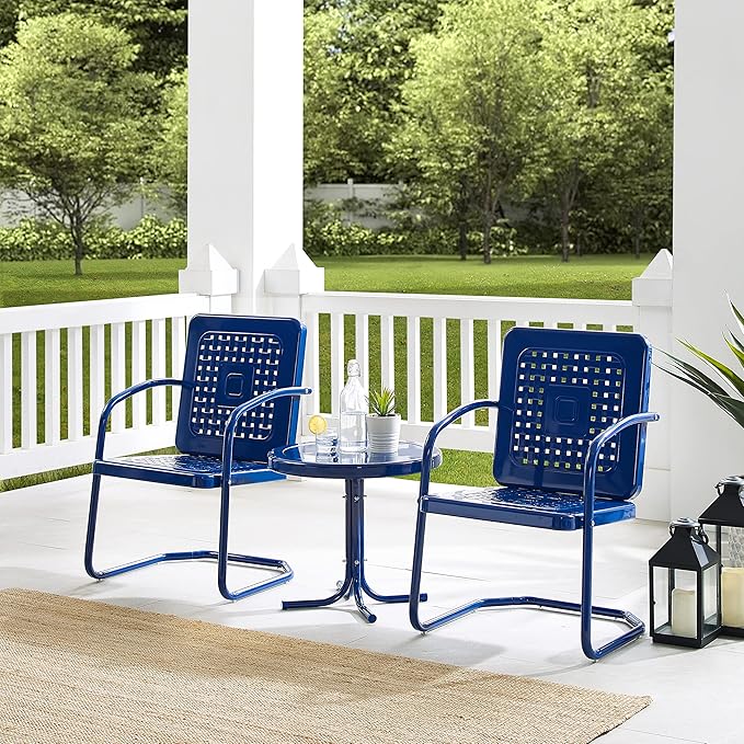 Crosley Furniture Bates 3-Piece Outdoor Chair and Side Table Set, Retro Metal Bistro Patio Conversation Sets, Navy Gloss