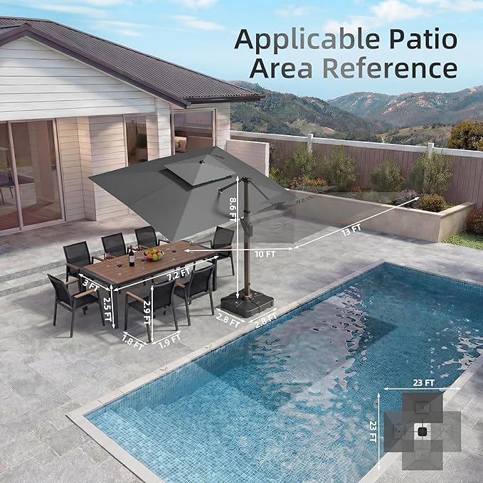 10 X 13 FT Cantilever Patio Umbrella with Base Included & Led Lights Outdoor Rectangle Offset Large Double Top Heavy Duty Umbrellas 360°Rotation for Pool Deck Backyard Garden, Gray