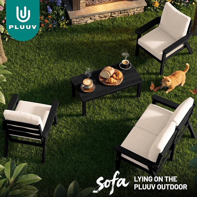 PLUUV 7-Piece Outdoor Patio Furniture Set, HDPE All-Weather Sectional Sofa Set with Thick Cushions, Modular Conversation Set for Deck, Lawn, Porch, Black Frame with Khaki Cushion