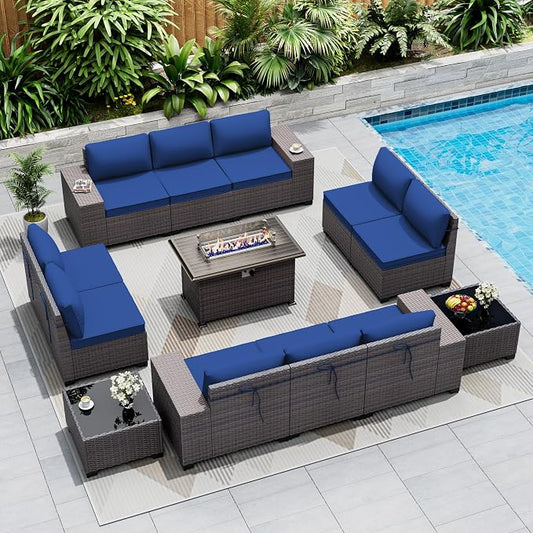 Outdoor Patio Furniture Set with Gas Fire Pit Table, 13 Pieces Patio Sectional Sofa w/43in Propane Fire Pit, PE Wicker Rattan Patio Conversation Set - Blue.