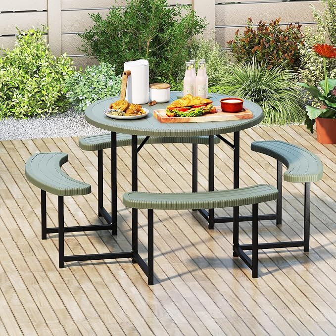 LDAILY Picnic Tables with Benches, Round Picnic Dining Table with 1520 lbs Capacity Metal Frame, HDPE Tabletop & Umbrella Hole, 8-Person Plastic Picnic Tables for Outdoors, Patio, Lawn, Yard (Green)