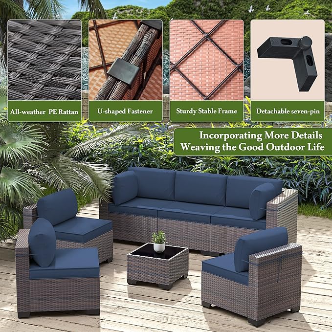 7 Pieces Outdoor Patio Furniture Set,Outdoor Sectional Furniture All Weather PE Rattan Wicker Patio Conversation Set with Coffee Table and 6 Thickened Cushions,Navy Blue