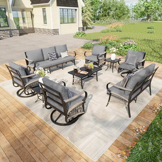 9 Pieces Patio Furniture Set, Metal Outdoor Conversation Sets with Swivel Chairs, Modern Couch Sofa Seating Group with Coffee Table and Side Table (Thick Gray Cushions)