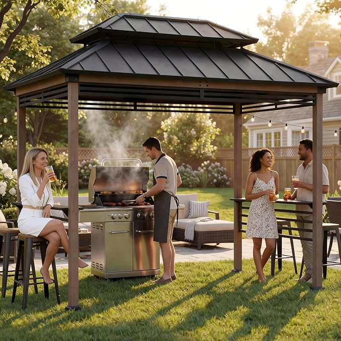 Sunjoy Wooden Grill Gazebo with AC Power Port, 8 x 12 ft. Steel Hardtop Outdoor Cedar Framed Gazebo for Year-Round Grilling, with Built-in Electrical Outlets and Decorative Fence, Brown