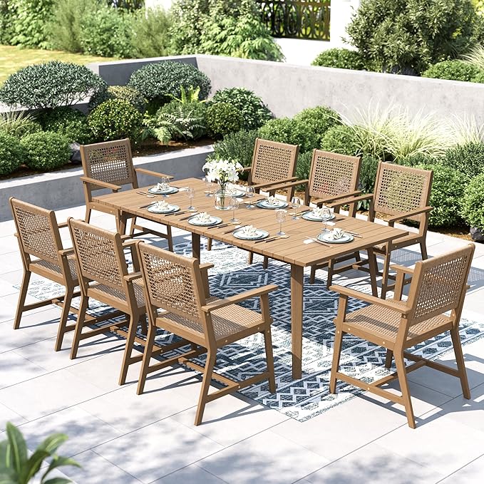 PHI VILLA Outdoor Acacia Wood Chairs Set of 2, Patio Dining Armchairs with Wicker Back & Seat, Farmhouse Style Teak Seating Furniture for Deck Yard Balcony Garden - Light Brown