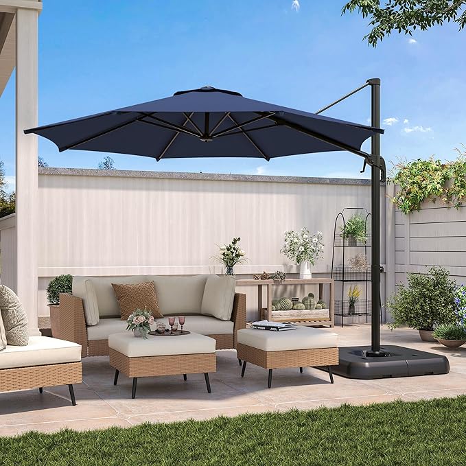 LAUSAINT HOME Patio Umbrella Outdoor, 10 FT Cantilever Umbrella Aluminum Offset Umbrella with 360-degree Rotation for Backyard, Pool, Lawn, Deck (Round, Navy Blue)