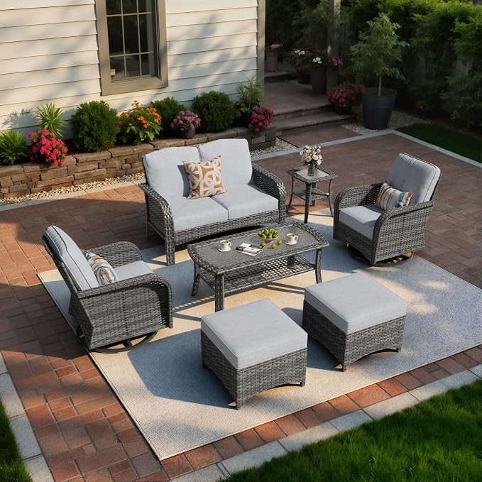 7 Piece Wicker Patio Furniture Set with Swivel Rocker Chairs, Gray | High Back Rocking Chair Sofa, Heavy Duty All Weather Rattan Outdoor Conversation Set, Thick Cushion, Balcony Porch Backyard
