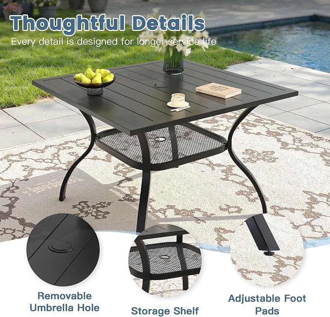 DIFY 5 Piece Patio Dining Set for 4, Wicker Stackable Patio Chairs & 37.8" Square Black Metal Dining Table with Umbrella Hole, All Weather Outdoor Table and Chairs Set for Deck Garden Backyard