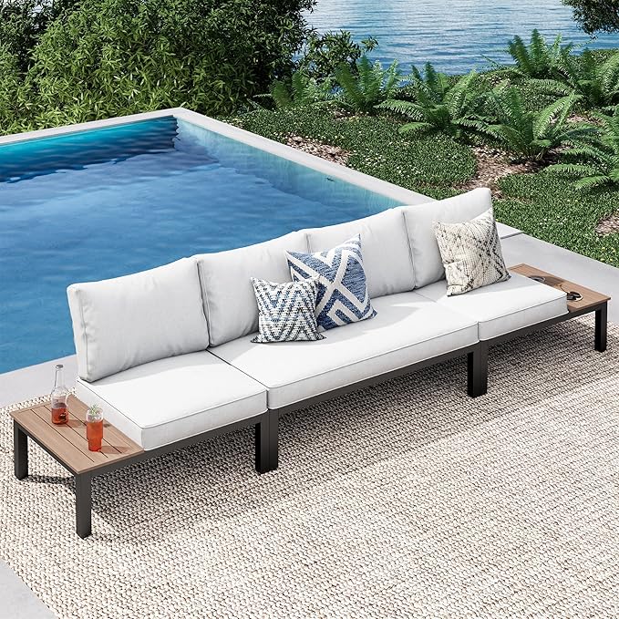 PHI VILLA Outdoor Sectional Furniture Set,3 Pieces Metal Patio Sectional Outdoor Couch Set,Modern Patio Conversation Sets with Coffee Table,Thickened Cushion,for Poolside and Backyard,Light Grey
