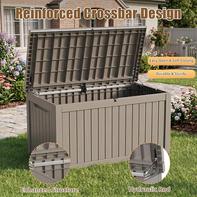 280 Gallon Outdoor Storage Box, Extra Large Resin Deck Box, Waterproof Lockable Storage Container, XXL Storage Bins with Lids for Patio furniture, Garden Tools, Grey