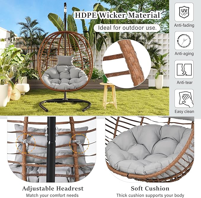 Folding Egg Chair, Outdoor Hanging Hammock Chair with Stand, Patio Wicker Hanging Chair with Iron Frame and Plush Cushion & Removable Headrest for Bedroom, Balcony, Garden (C-BrownGray)