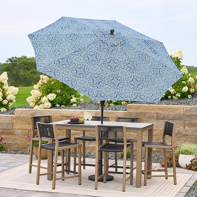 9ft Round Blue and Green Medallion Patio Umbrella, Crank Lift with 3-Position Tilt, Polyester Canopy and Steel Frame for Outdoor Use