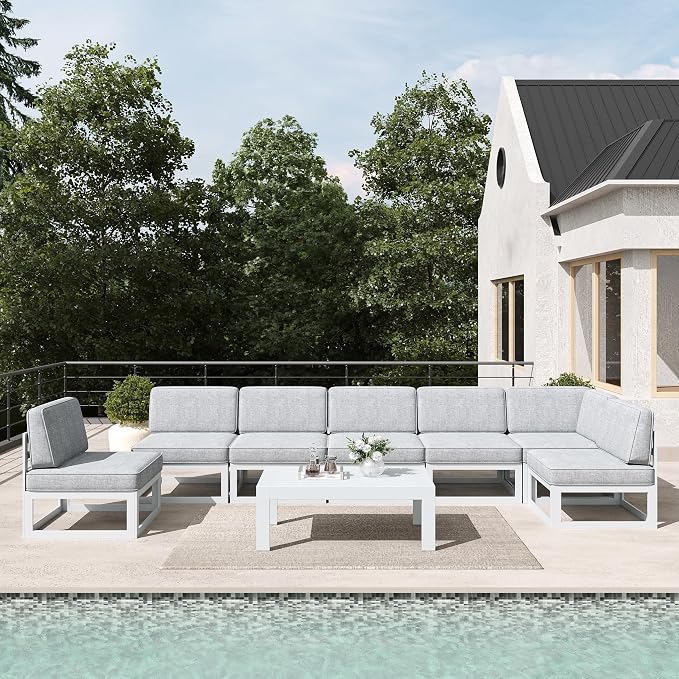 LayinSun 8 Pieces Modern Aluminum Patio Furniture Set with Coffee Table, Outdoor Modular Sectional Conversation Set L-Shaped Sofa for Backyard