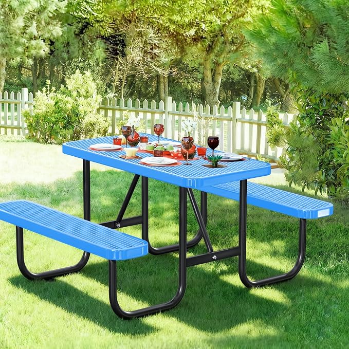 4FT/48IN Heavy Duty Outdoor Picnic Table and 2 Benches for 2-6 People, Weather Resistant Rectangular Steel Picnic Table Set with Umbrella Hole for Yard Patio Lawn Party Blue