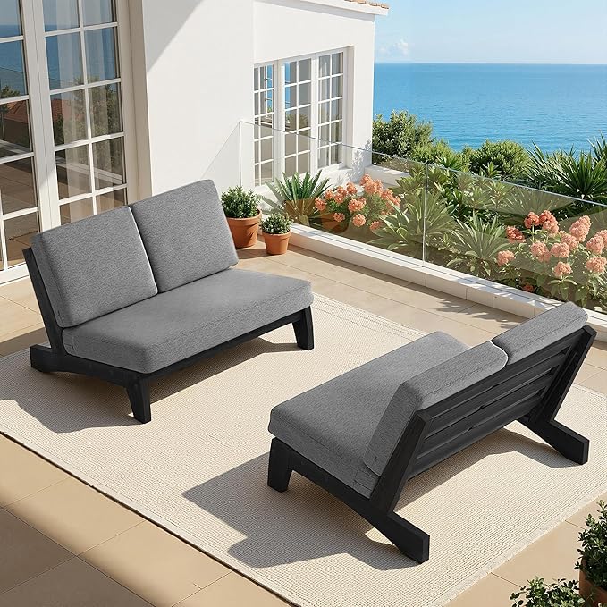 UIXE All Weather Patio Furniture Sets, 3 Pieces Black Wood Patio Loveseat Sofa Outdoor Sectional Futniture Backyard Conversation Set with Solid Wooden Coffee Table - Grey