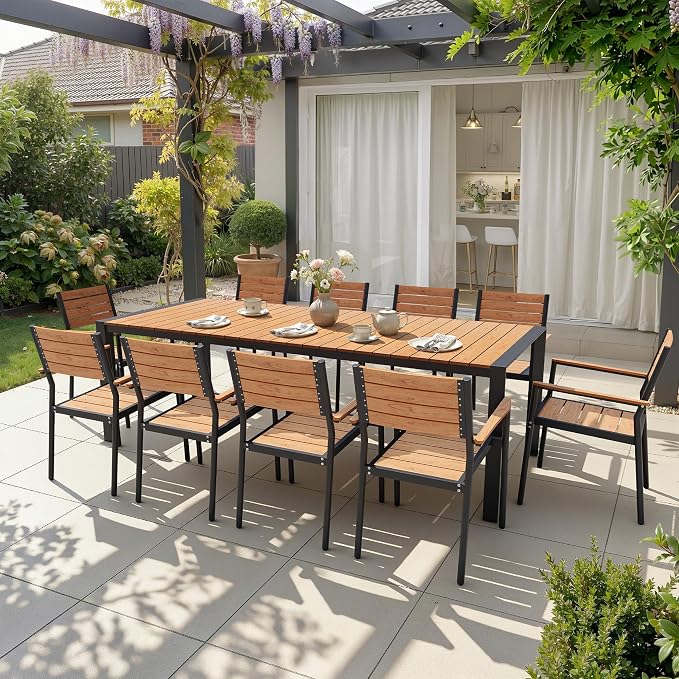 Crestlive Products 95" Outdoor Dining Table for 10, Aluminum Patio Dining Table with Umbrella Hole Weather-Resistant Rectangle Outside Table for Garden Backyard Deck, Brown