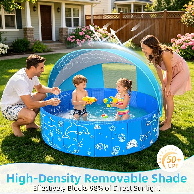 Kiddie Pool with Canopy, 48" Foldable Kids Baby Pool for Toddlers, Portable Small Swimming Pool Hard Plastic with Shade & Carry Bag for Beach Backyard Water Play