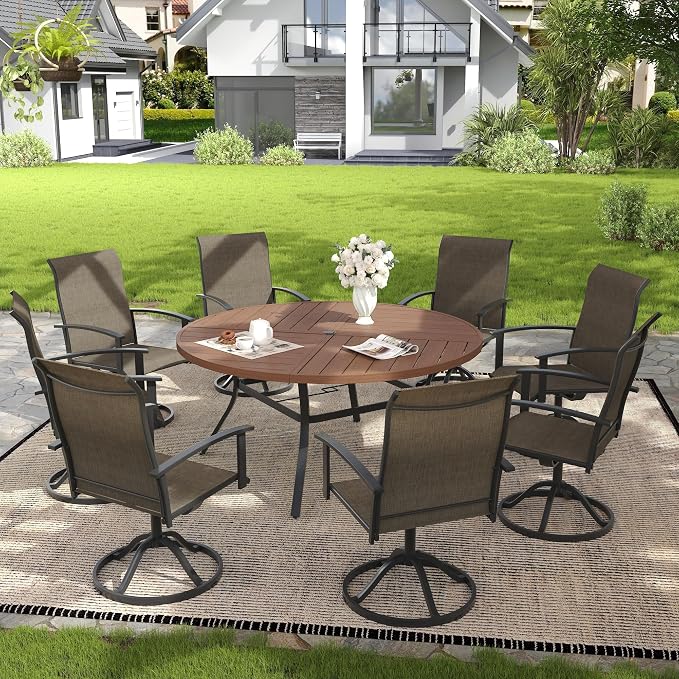 VICLLAX 9 Pieces Patio Outdoor Dining Set, 8 Swivel Textilene Chairs and 60" Round Metal Table with Umbrella Hole for Porch, Deck, Garden, Walnut/Brown