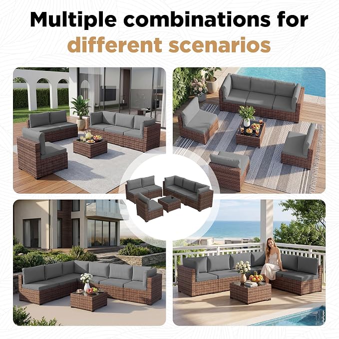 LHBcraft Patio Furniture Set with Rain Cover,7 Pieces Outdoor Wicker Rattan Patio Furniture, Wicker Rattan Outdoor Sectional Sofa Set with Coffee Table for Garden, Poolside Taupe-Grey